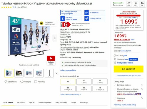 Hisense 43A7GQ promocja