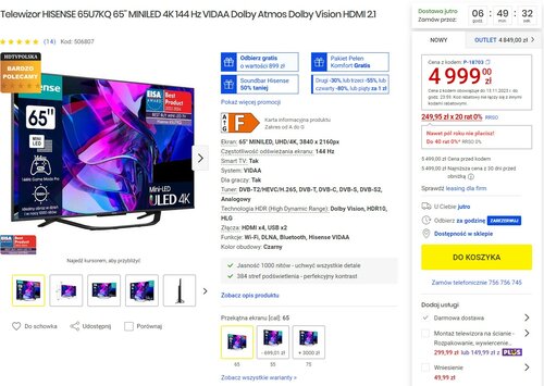 HISENSE 65U7KQ promocja Media Expert