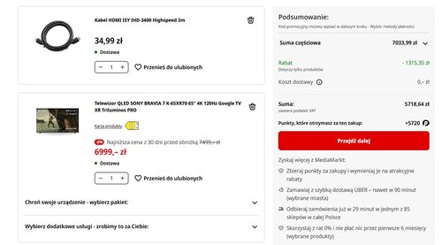 telewizor sony bravia 7 65 cali media markt promocja