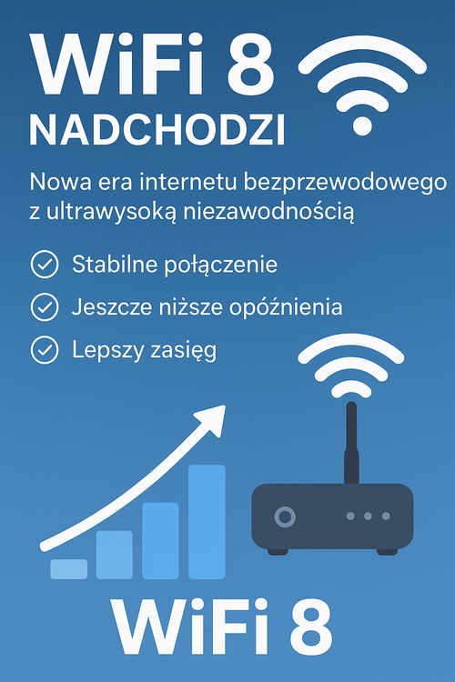 Infografika przedstawiająca zalety WiFi 8 – stabilne połączenie, niższe opóźnienia, lepszy zasięg, ultrawysoka niezawodność, technologia mmWave