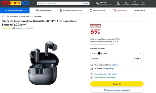 Słuchawki bezprzewodowe Baseus Bass BP1 Pro ANC w promocji sklepu RTV EURO AGD