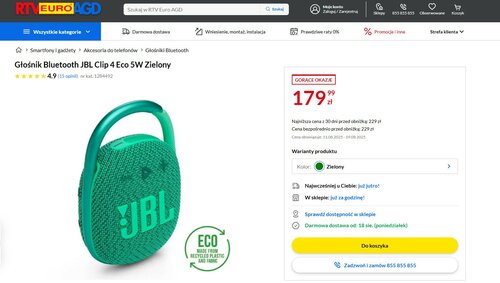 głośnik JBL Clip 4 Eco w promocji sklepu RTV EURO AGD