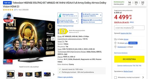 promocja telewizor Hisense U7NQ Media Expert 65 cali