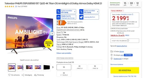 telewizor philips 55pus8560 qled ambilight promocja w media expert