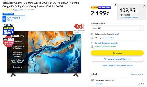 telewizor xiaomi tv s mini led 55 cali promocja rtv euro agd
