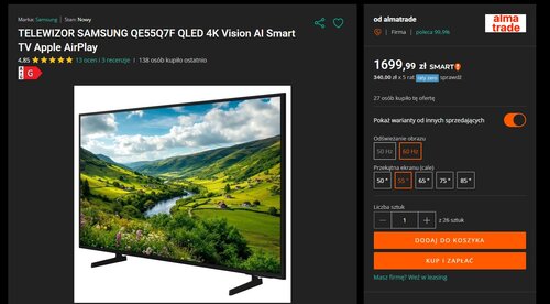 telewizor samsung qled 55q7f promocja allegro