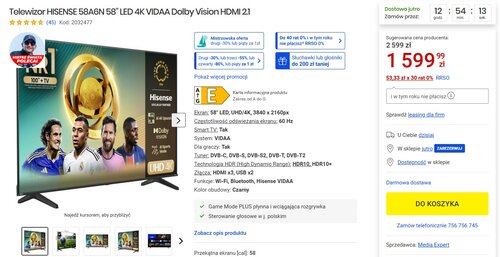 hisense 58 cali bardzo tani telewizor