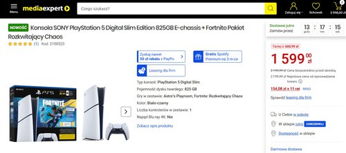 Konsola SONY PlayStation 5 Digital Slim Edition 825GB E-chassis w promocji sklepu Media Expert