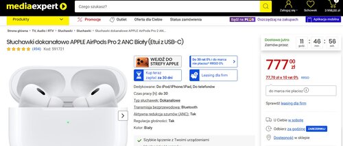 słuchawki Apple AirPods Pro 2 w promocji sklepu Media Expert