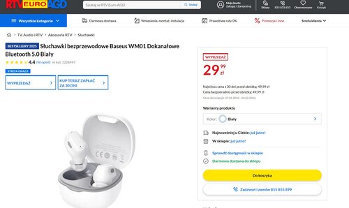 Słuchawki bezprzewodowe Baseus WM01 w promocji sklepu RTV EURO AGD
