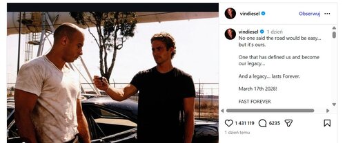 fot. vin diesel instagram szybcy i wściekli fast forever film w 2028