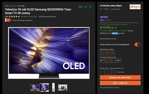 telewizor samsung 55s90f promocja allegro